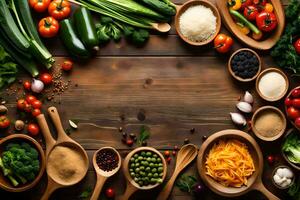 various vegetables and fruits in wooden bowls on a wooden table. AI-Generated photo