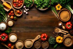 un circulo de vegetales y especias en un de madera mesa. generado por ai foto