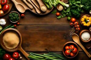 various vegetables and spices are arranged on a wooden table. AI-Generated photo