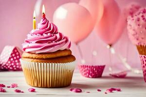 a cupcake with pink frosting and a lit candle. AI-Generated photo