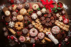 a large plate of christmas cookies and treats. AI-Generated photo