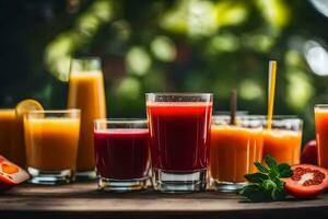a variety of juices and juices on a table. AI-Generated photo