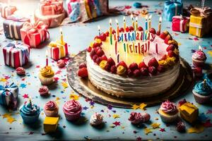 birthday cake with candles and colorful confetti on a blue table. AI-Generated photo