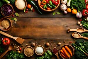 various vegetables and spices on a wooden table. AI-Generated photo