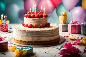 birthday cake with candles and strawberries. AI-Generated photo