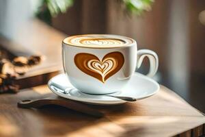 a cup of coffee with heart shaped latte art. AI-Generated photo