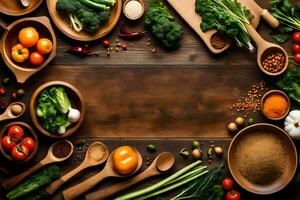 a variety of vegetables and spices are arranged on a wooden table. AI-Generated photo