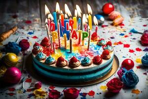 a birthday cake with candles on it. AI-Generated photo