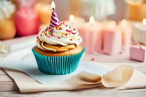 a cupcake with a candle on top is sitting on a table. AI-Generated photo