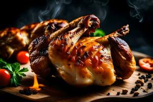 two roasted chicken legs on a wooden board with smoke. AI-Generated photo