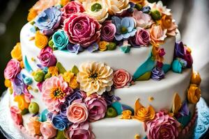 a cake decorated with colorful flowers. AI-Generated photo