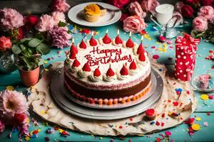 a birthday cake with candles and flowers on a blue table. AI-Generated photo