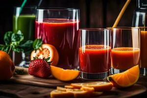 various juices and fruits are on a table. AI-Generated photo