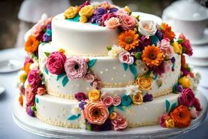 a three tiered cake with colorful flowers on top. AI-Generated photo