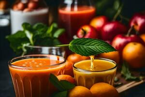 naranja jugo y Fresco Fruta en un mesa. generado por ai foto