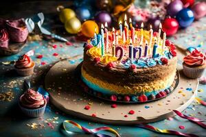 a birthday cake with candles and birthday candles. AI-Generated photo