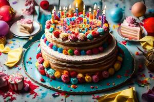 a birthday cake with candles on it. AI-Generated photo