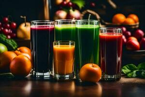 a group of different juices and fruits. AI-Generated photo
