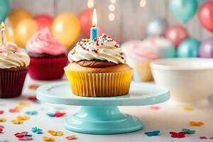 birthday cupcakes with candles. AI-Generated photo