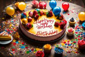a birthday cake is surrounded by confetti and balloons. AI-Generated photo