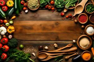 a wooden frame with various vegetables and spices. AI-Generated photo