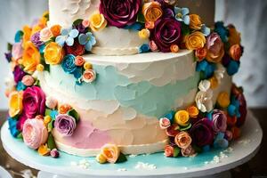 a colorful cake with flowers on top. AI-Generated photo