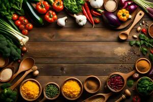 various vegetables and spices on a wooden table. AI-Generated photo
