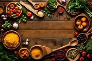 various types of vegetables and spices are arranged in a circle. AI-Generated photo