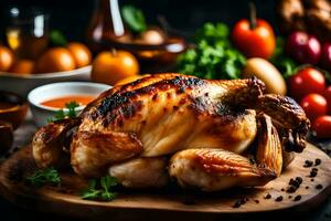 un asado pollo en un de madera corte tablero con vegetales. generado por ai foto