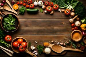 a wooden table with various vegetables and spices. AI-Generated photo