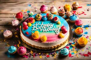 the birthday cake is decorated with colorful sprinkles and cupcakes. AI-Generated photo