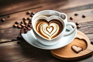 coffee and heart shaped latte on a wooden table. AI-Generated photo