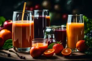 juice and fruit in glasses on a table. AI-Generated photo