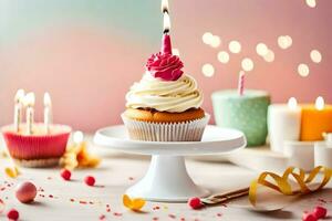 a cupcake with a candle on top is on a cake stand. AI-Generated photo