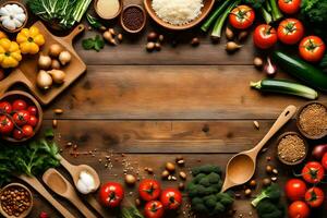 various vegetables and spices are arranged on a wooden table. AI-Generated photo