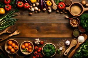 a wooden table with various vegetables and spices. AI-Generated photo