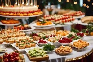 a buffet table with various types of food. AI-Generated photo