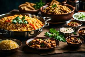 indian food in bowls and bowls on a table. AI-Generated photo