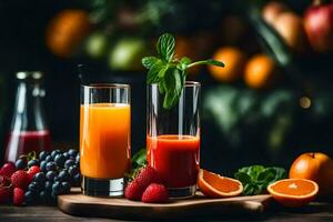 two glasses of juice with fresh fruits on a wooden table. AI-Generated photo