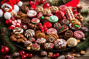 a platter of christmas cookies and candies. AI-Generated photo