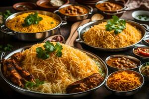 indian food in bowls and bowls on a wooden table. AI-Generated photo