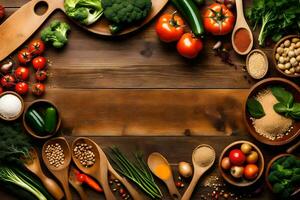 various vegetables and spices are arranged in a circle. AI-Generated photo