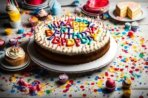 a birthday cake with candles and confetti. AI-Generated photo