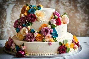 a three tiered cake with colorful flowers on top. AI-Generated photo