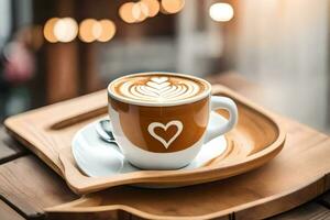 a cup of coffee with heart on the saucer. AI-Generated photo