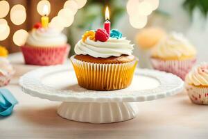 cupcakes with candles on a cake stand. AI-Generated photo