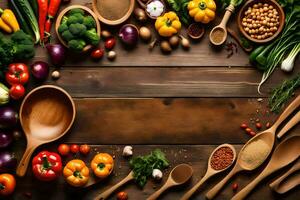 various vegetables and spices are arranged around a wooden table. AI-Generated photo