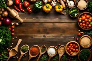 a wooden background with many different types of vegetables and spices. AI-Generated photo