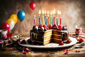 a birthday cake with candles on it. AI-Generated photo