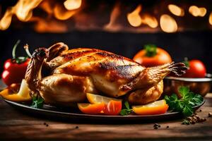 a roasted chicken on a plate with vegetables and spices. AI-Generated photo